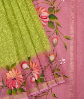 Lime Green Saree With Contrast Blouse &  Pallu Light Pink  Hand Painting - Kota Cotton Saree1