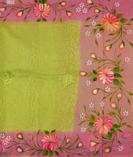 Lime Green Saree With Contrast Blouse &  Pallu Light Pink  Hand Painting - Kota Cotton Saree2