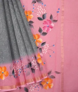 Grey Saree With Contrast Blouse & Pallu Pink Hand Painting - Kota Cotton Saree1