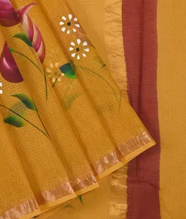 Mustard Yellow Border & Pallu Hand Paint Kota Cotton Saree1
