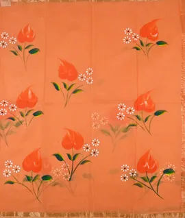 Peach  Orange Border & Pallu Hand Paint Kota Cotton Saree2