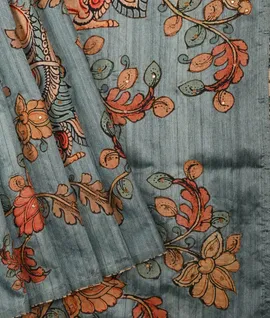 Blue With Pecock & Flower Printed Tussar Saree1