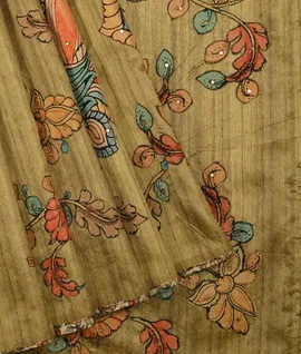 Mustard Green With Pecock & Flower Printed Tussar Saree1