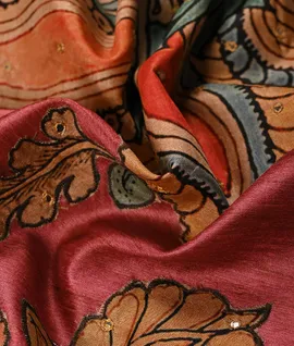 Rust  pink With Pecock & Flower Printed Tussar Saree3
