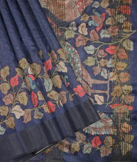 Navy Blue With Pecock & Leaf Printed Tussar Saree1