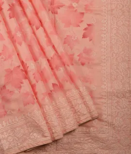 Peach With  Pink Flower Printed  Embroidery Border Tussar Saree1