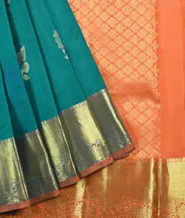 Peacock Green with Orange Contrast Blouse & Pallu Pure Kanjivaram Silk Sarees1