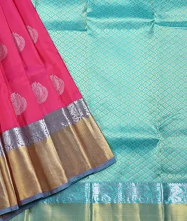 Rani Pink With Turquoise Blue  Zari Pure Kanjivaram Silk Sarees1