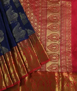 Navy Blue With Red Contrast Blouse & Pallu  Peacock Design Pure Kanjivaram Silk Sarees1