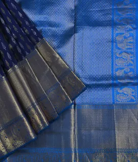 Navy Blue With Ink Blue Contrast Blouse & Pallu  Peacock Design Pure Kanjivaram Silk Sarees1