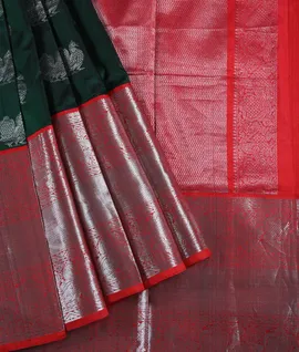 Dark Green With Red  Silver Zari Contrast Blouse & Pallu  Peacock Design Pure Venkatagiri Pattu  Sarees1