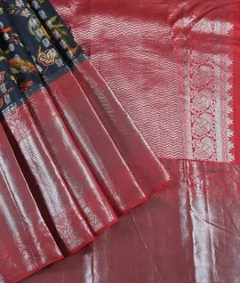 Elephant Grey Red Silver Zari Contrast Blouse & Pallu  Flower Print Pure Venkatagiri Pattu  Sarees1