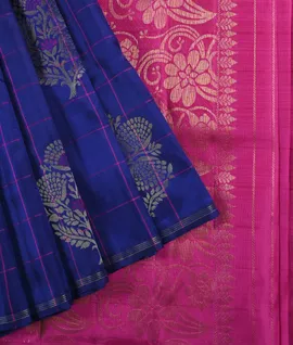 Borderless Ink Blue with Rani Pink Kanchivaram  Pure Pattu Silk Saree1