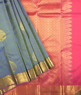 Peacock Blue All Over Resham Viewing And Gold Zari Butta Pallu & Blouss Pink Pure Kanjivaram Silk Saree1