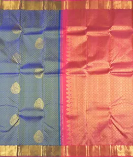Peacock Blue All Over Resham Viewing And Gold Zari Butta Pallu & Blouss Pink Pure Kanjivaram Silk Saree2