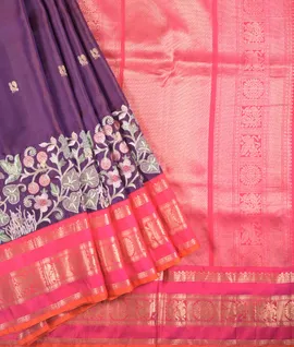 Burgundy With Pink Embroidery  Pure Kanjivaram Silk Saree1