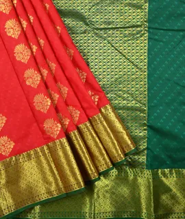 chilly Red With Palu And Border Green  Pure Kanjivaram Silk Saree1
