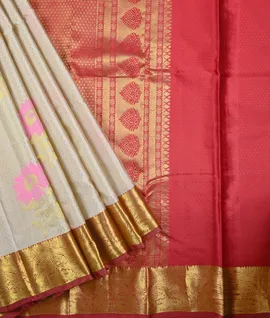 ivory With Flower design Border & Pallu  Red  Pure Kanjivaram Silk Saree1