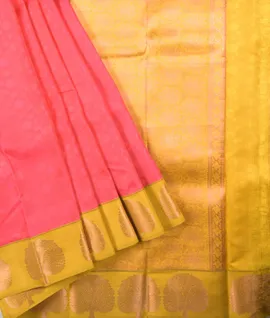 Pink With Mustard Green Pallu And Borde  Pure Kanjivaram Silk Saree1