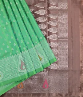 Silver Zari Weaving & Meena Butts Border Pallu & Blouse Pure Soft Silk Saree5