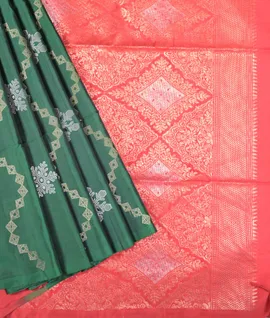 Bottle Green With Red  Pure Soft Silk Saree1