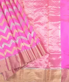 Pink with Gold And Silver Zari Maheswari Chenderi Silk Saree1