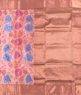 Peach With Flower Digital  Chocolate Brown Kanjivaram Silk Prints Saree2