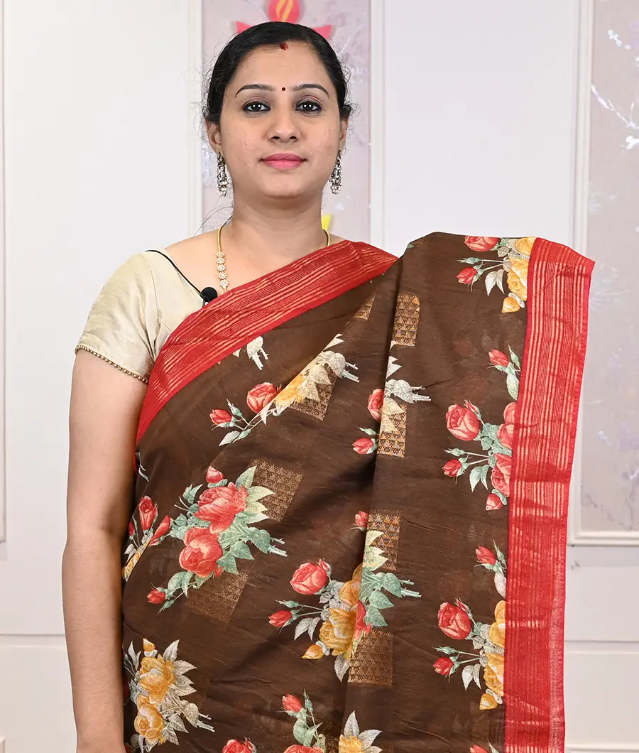 Buy Brown With Red Print Chanderi Cotton Saree