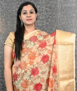 Beige With  Red Flower Organza saree1