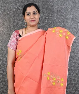 Peach Mangalagiri Kantha Embroidery With Blouse Saree1