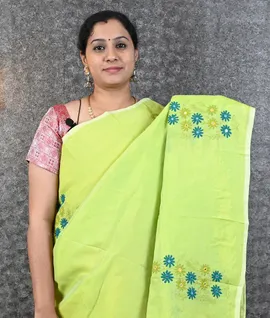 Neon Green Mangalagiri Kantha Embroidery With Blouse Saree1