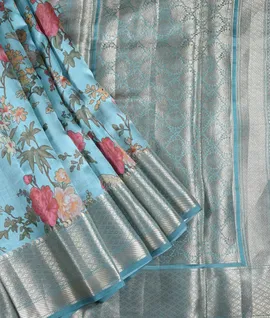 Pastel Blue Chiniya Silk  Digital Floral Print Saree1