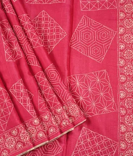 Pink Tussar Designe Embroideryr Saree1