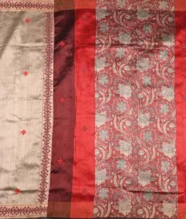 Beige With kalamkari print Tussar Designe Embroidery Saree2