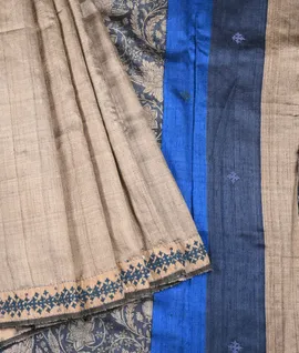 Beige With Blue kalamkari Print Tussar Designe Embroidery Saree1