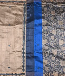 Beige With Blue kalamkari Print Tussar Designe Embroidery Saree2