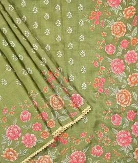 Mehndi Green Resham Embroidery Tusser Designer Saree1