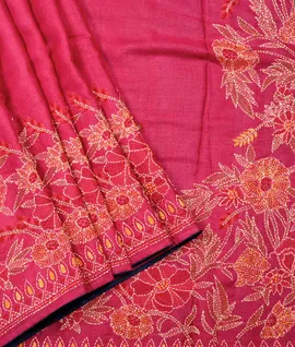 Desi Tusser Silk Saree With Kantha Embroidery Pink1