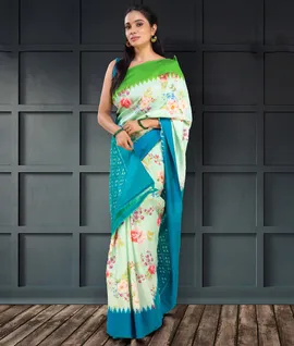 Pure Handloom Silk  With Ikkat Floral Digital Prints Saree1