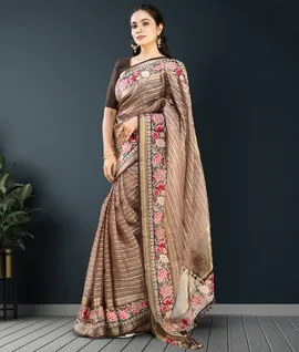 Pure Handloom Organza Silk Saree With Hand Embroidery Border - Brown1