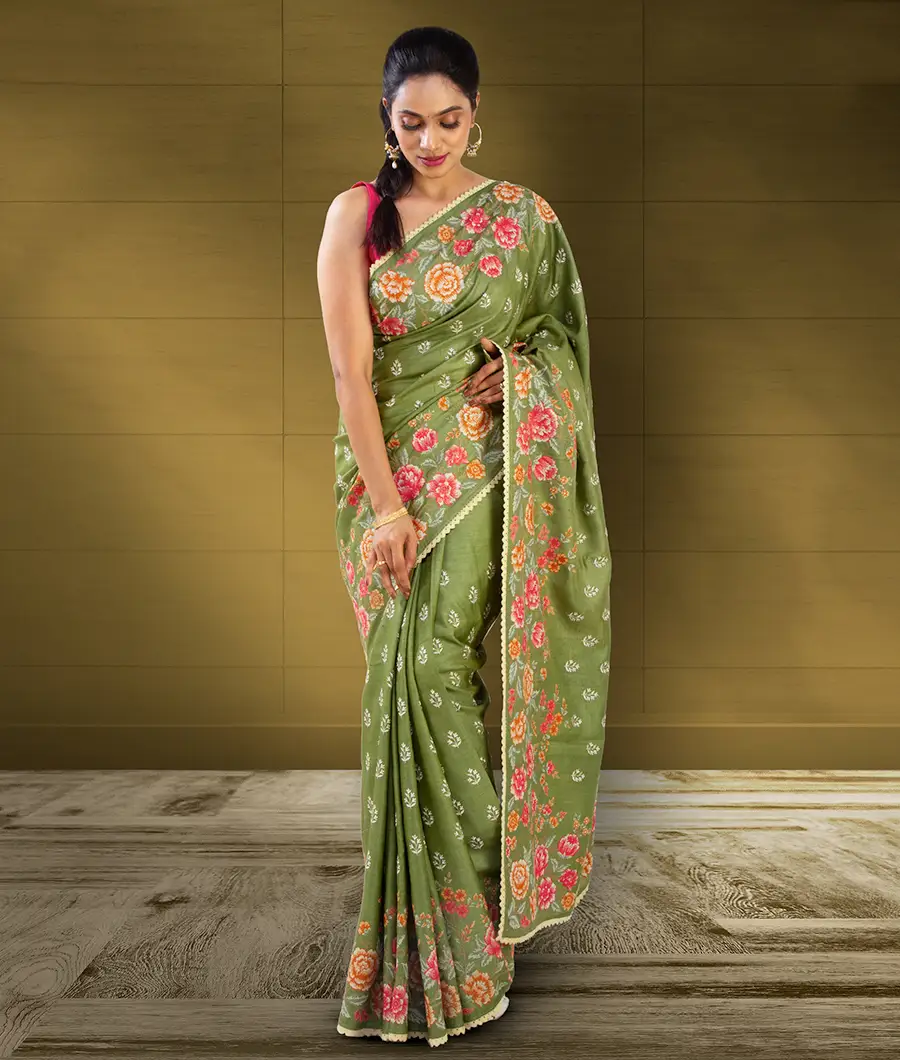 Mehndi Green Dola Silk Saree With Digital Print – Sareewave