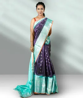 Pure Handloom Gadwal Silk Saree purple With Sky Blue1