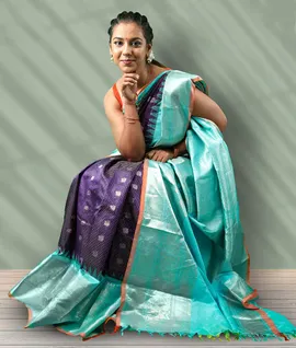 Pure Handloom Gadwal Silk Saree purple With Sky Blue2