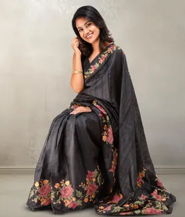 Desi Tussar Embroidery Saree Black5