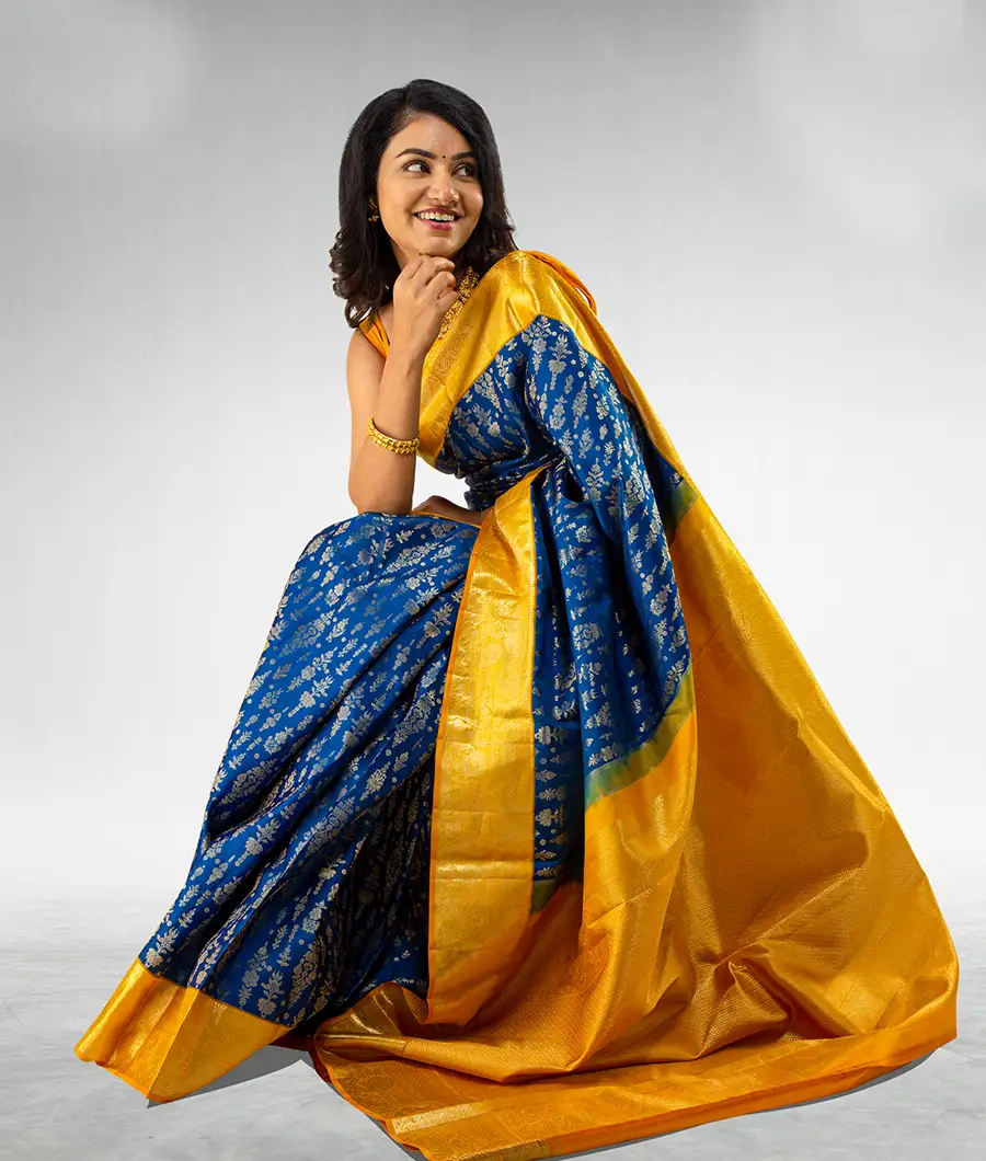 Buy Flaxen Yellow Blue Kanjivaram Saree online-Karagiri | Saree, Art silk  sarees, Silk sarees