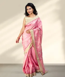 Pure Silk Saree With Cut Work Borders Pink1