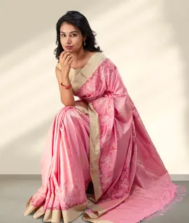 Pure Silk Saree With Cut Work Borders Pink5