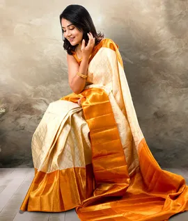 Pure Kanjivaram Silk Saree Off White With Yellow Border2