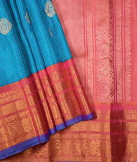 Manam Pure Gadwal Silk Saree Blue With Coral Orange Pink1