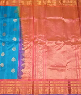 Manam Pure Gadwal Silk Saree Blue With Coral Orange Pink2